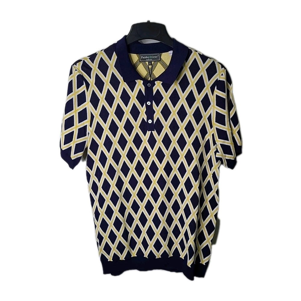 Paisley & Gray Men's Polo Shirt Knit Size L Slim Fit Blue/Yellow Preppy Golf